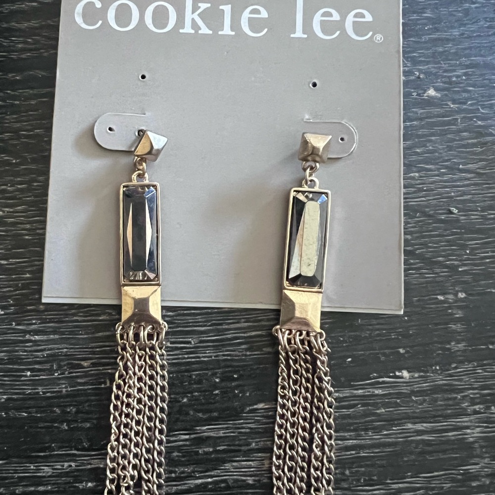 Cookie Lee Silver-Tone Chain Tassel Earrings with Black Stones